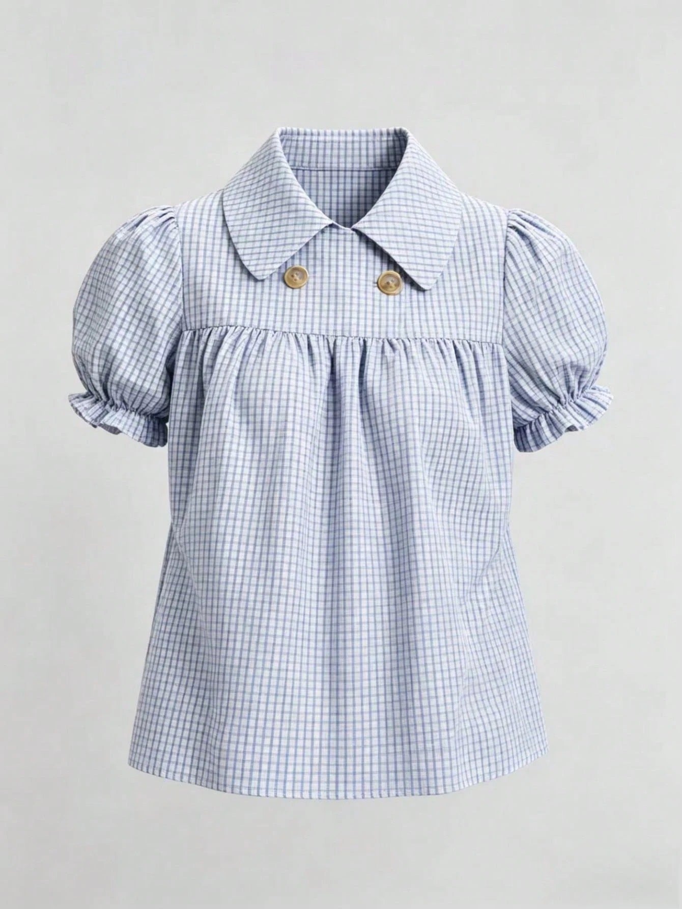 Blue and white gingham plaid short puff sleeve collared shirt with double front buttons laid flat