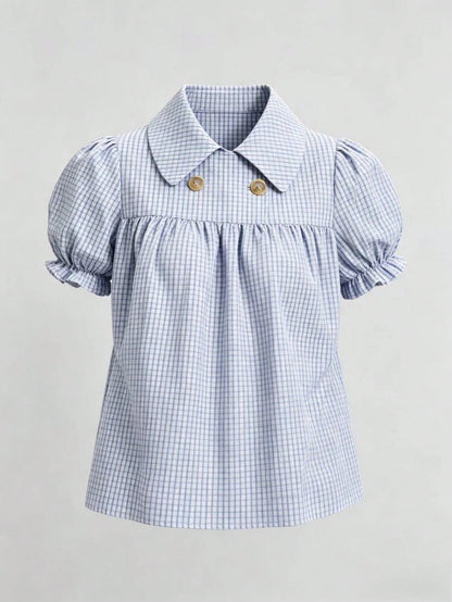 Blue and white gingham plaid short puff sleeve collared shirt with double front buttons laid flat
