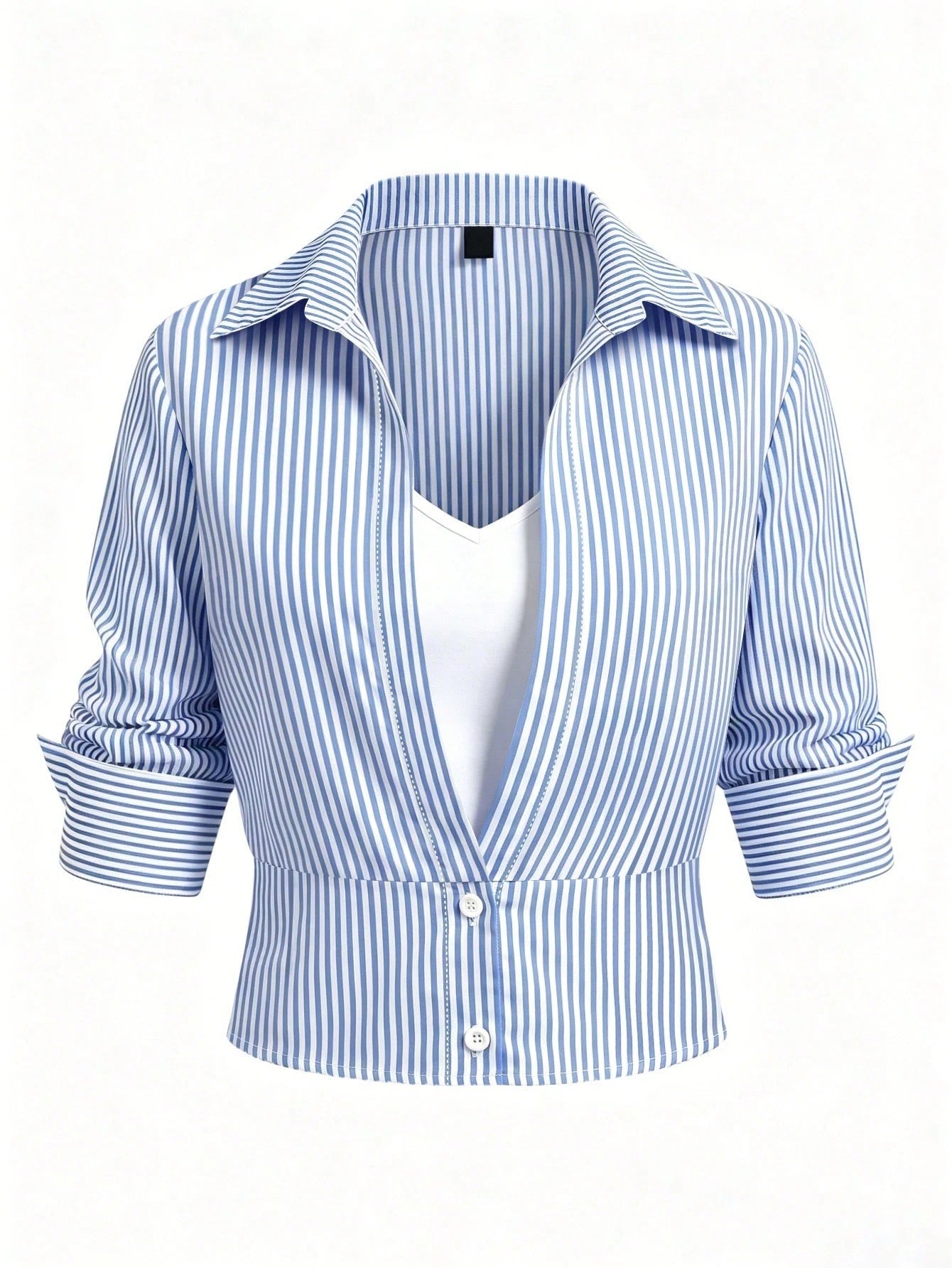 Blue and white striped 2-in-1 cropped blouse with a lapel collar and built-in white V-neck insert laid flat