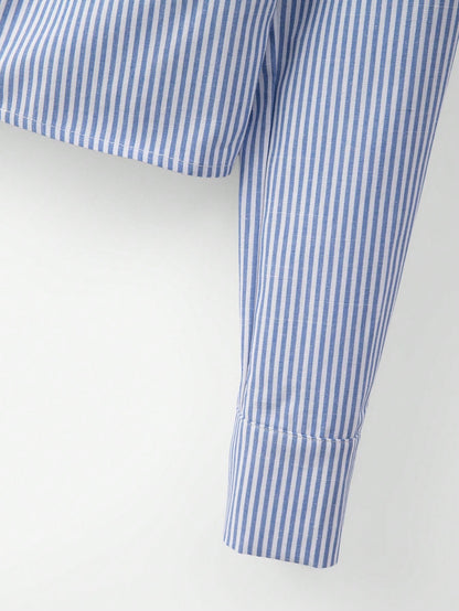 Blue and white striped 2-in-1 cropped blouse with a lapel collar and built-in white V-neck insert laid flat