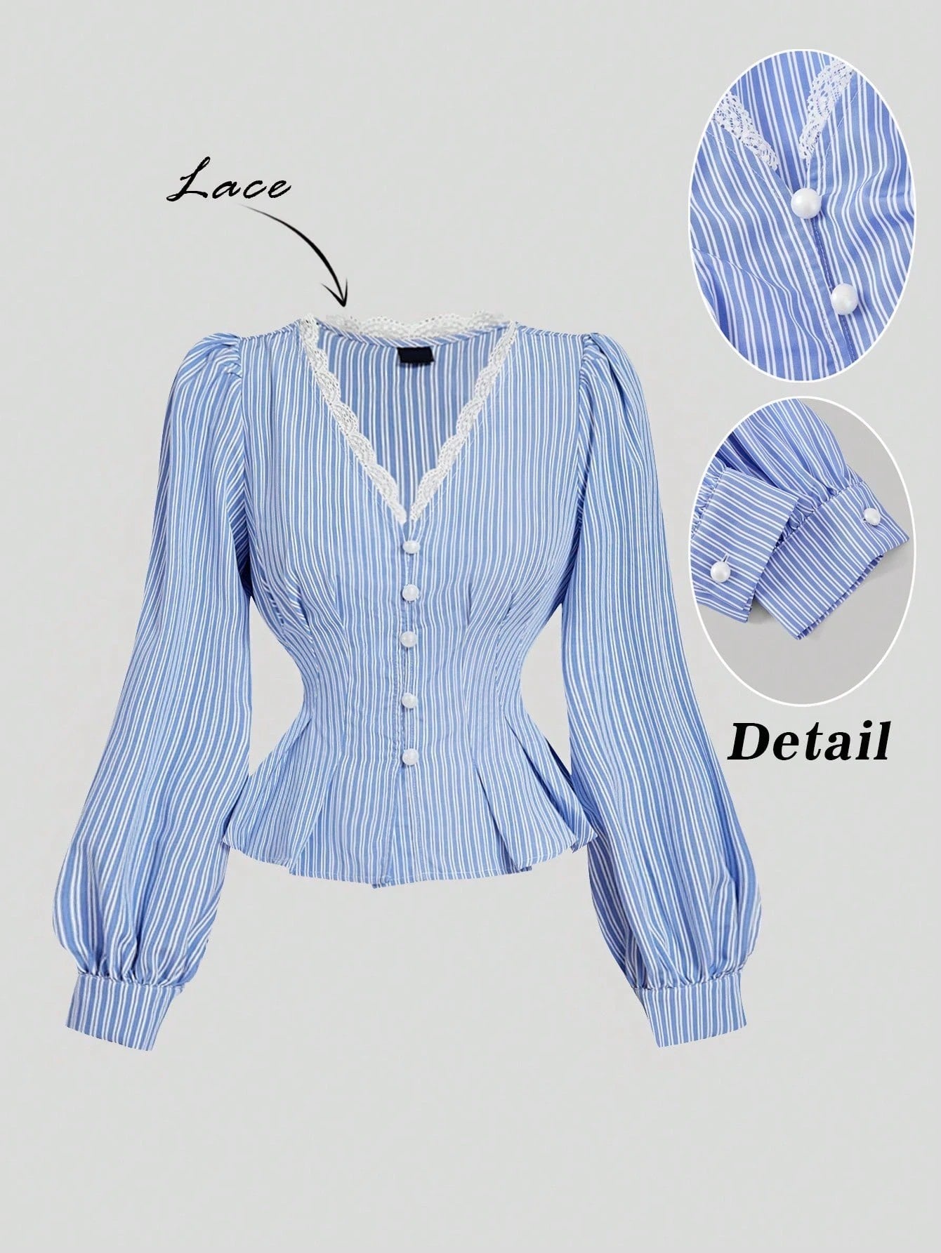 Blue and white striped long-sleeve peplum blouse with a lace-trim V-neck, button-front closure, and lantern sleeves against a neutral background.