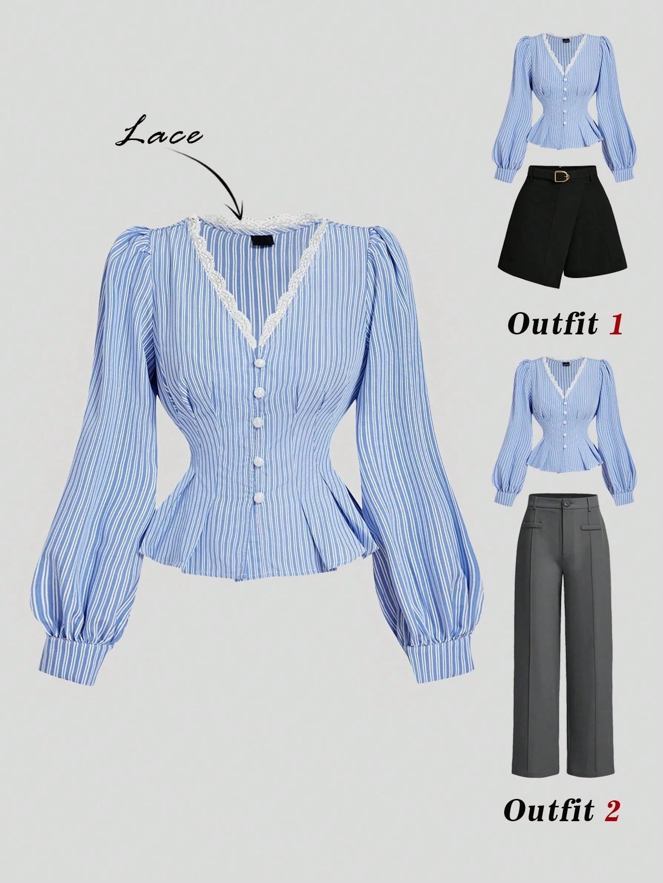 Blue and white striped long-sleeve peplum blouse with a lace-trim V-neck, button-front closure, and lantern sleeves against a neutral background.