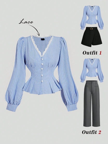 Blue and white striped long-sleeve peplum blouse with a lace-trim V-neck, button-front closure, and lantern sleeves against a neutral background.