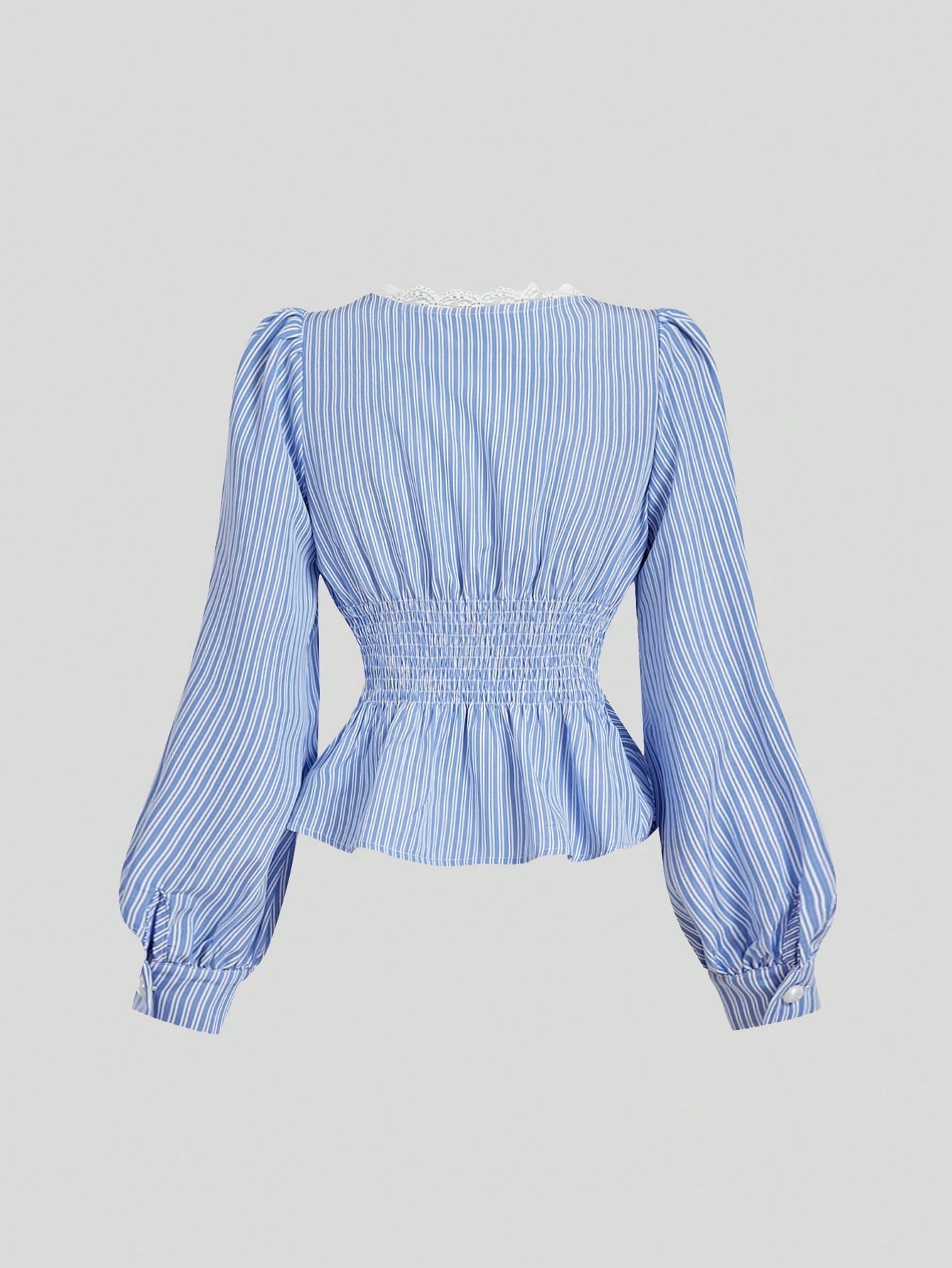 Blue and white striped long-sleeve peplum blouse with a lace-trim V-neck, button-front closure, and lantern sleeves against a neutral background.