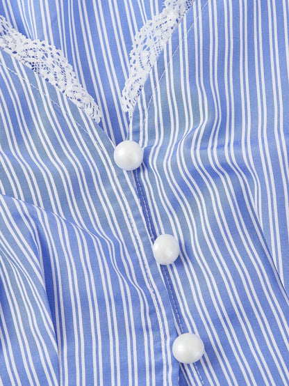 Blue and white striped long-sleeve peplum blouse with a lace-trim V-neck, button-front closure, and lantern sleeves against a neutral background.