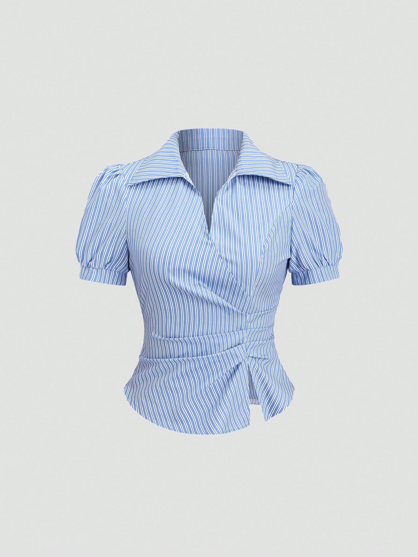Blue and white striped short-sleeve polo collar peplum blouse with a wrap-effect ruched waist laid flat against a neutral background