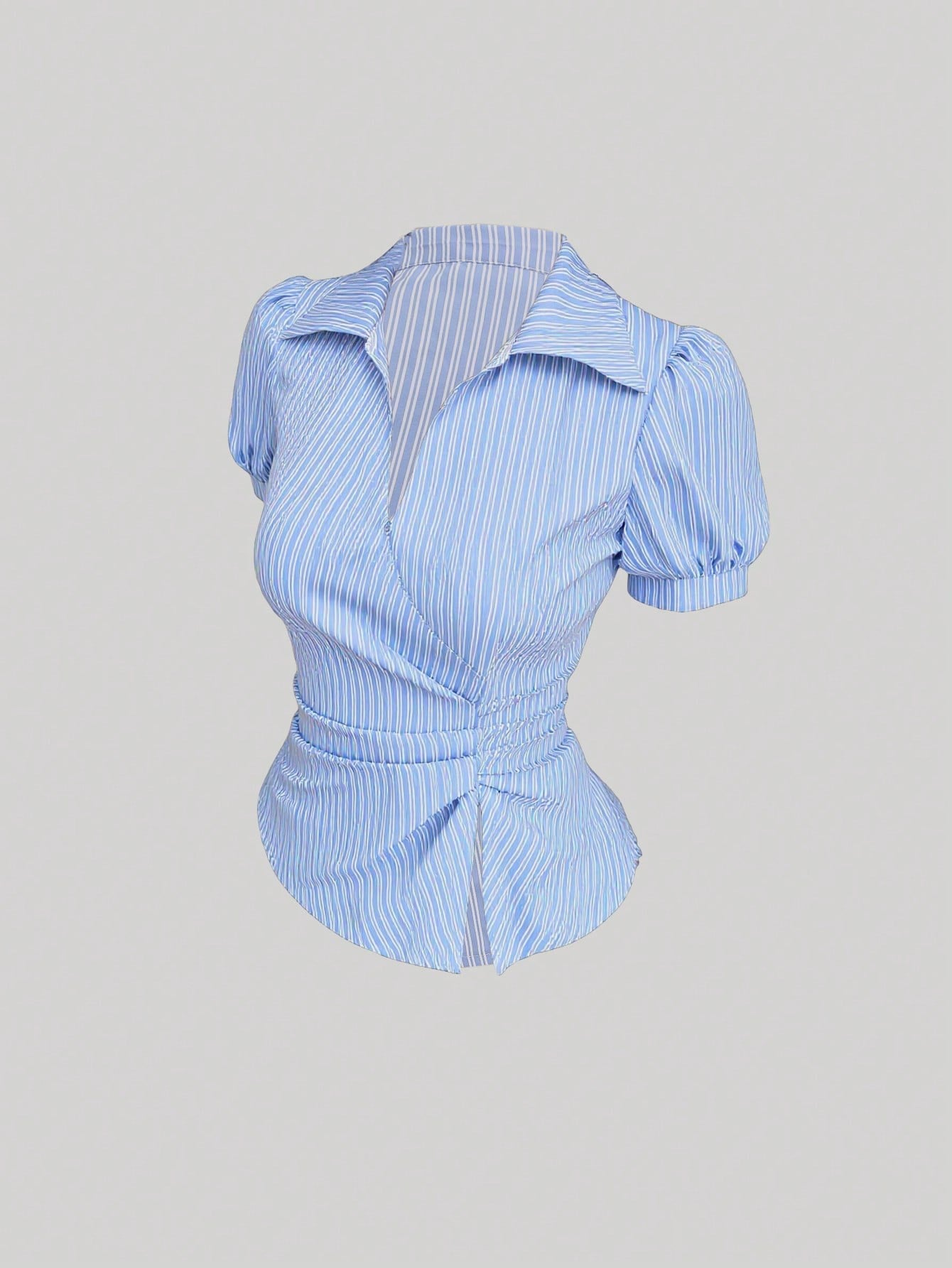 Blue and white striped short-sleeve polo collar peplum blouse with a wrap-effect ruched waist laid flat against a neutral background