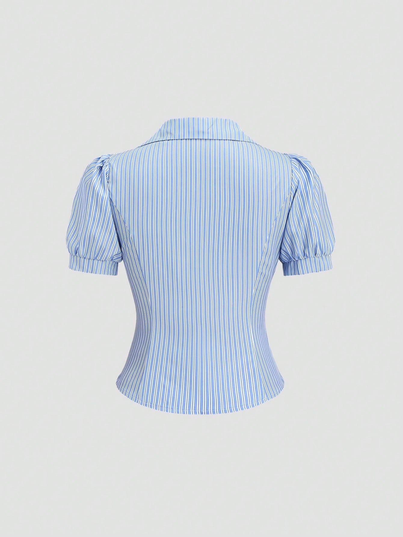 Blue and white striped short-sleeve polo collar peplum blouse with a wrap-effect ruched waist laid flat against a neutral background