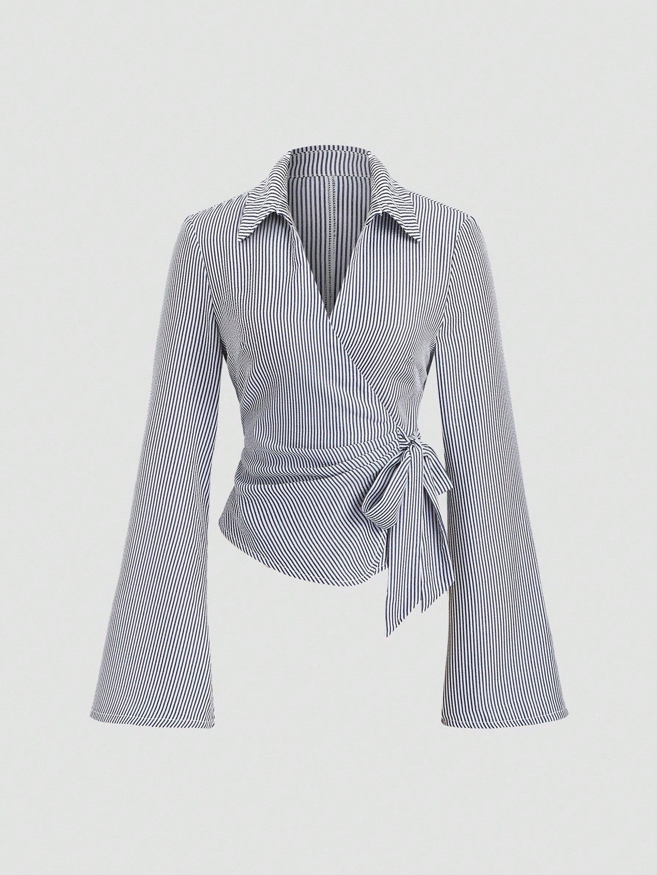 Blue and white striped wrap blouse with a collar, waist bow tie, and long flare sleeves laid flat against a neutral background