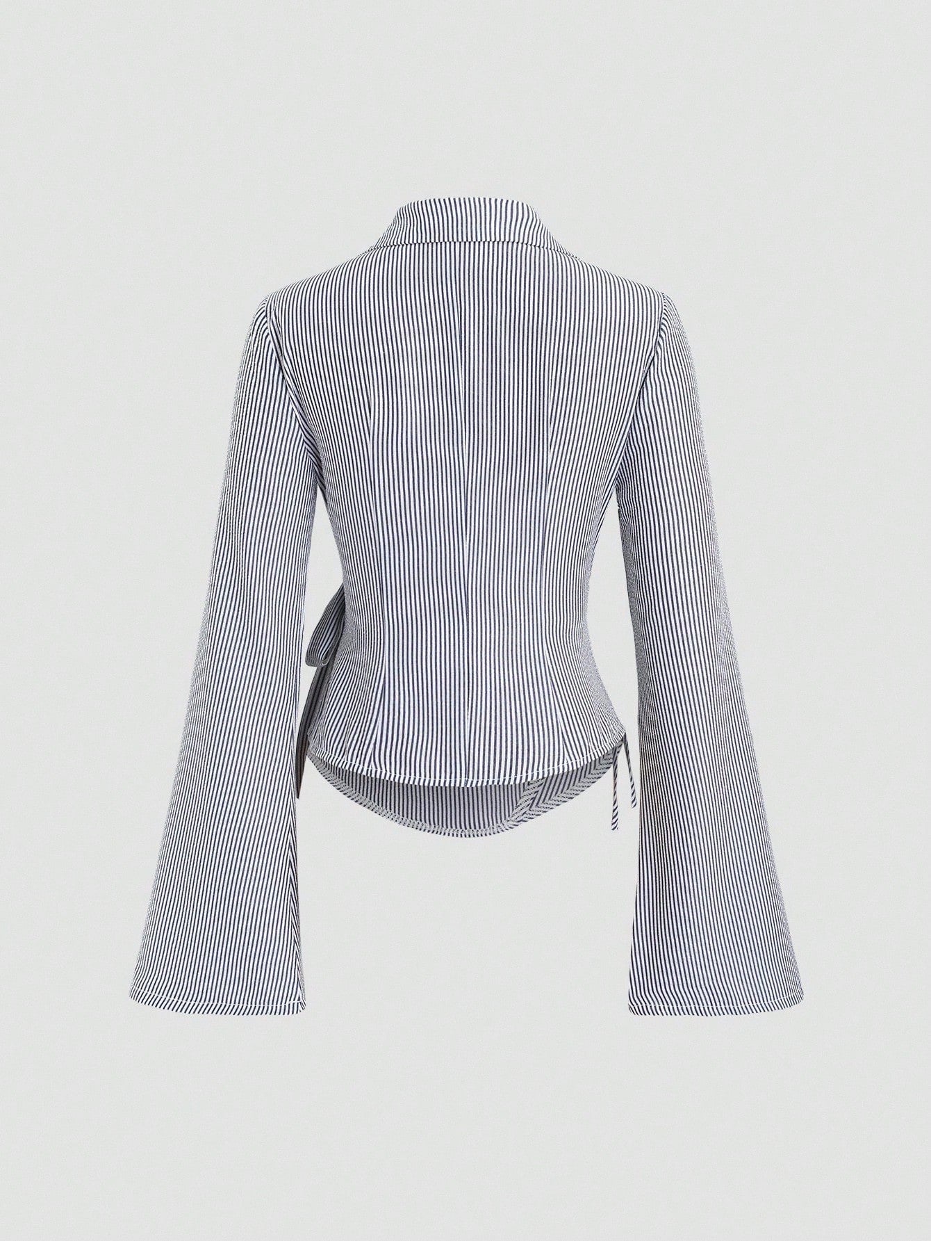 Blue and white striped wrap blouse with a collar, waist bow tie, and long flare sleeves laid flat against a neutral background