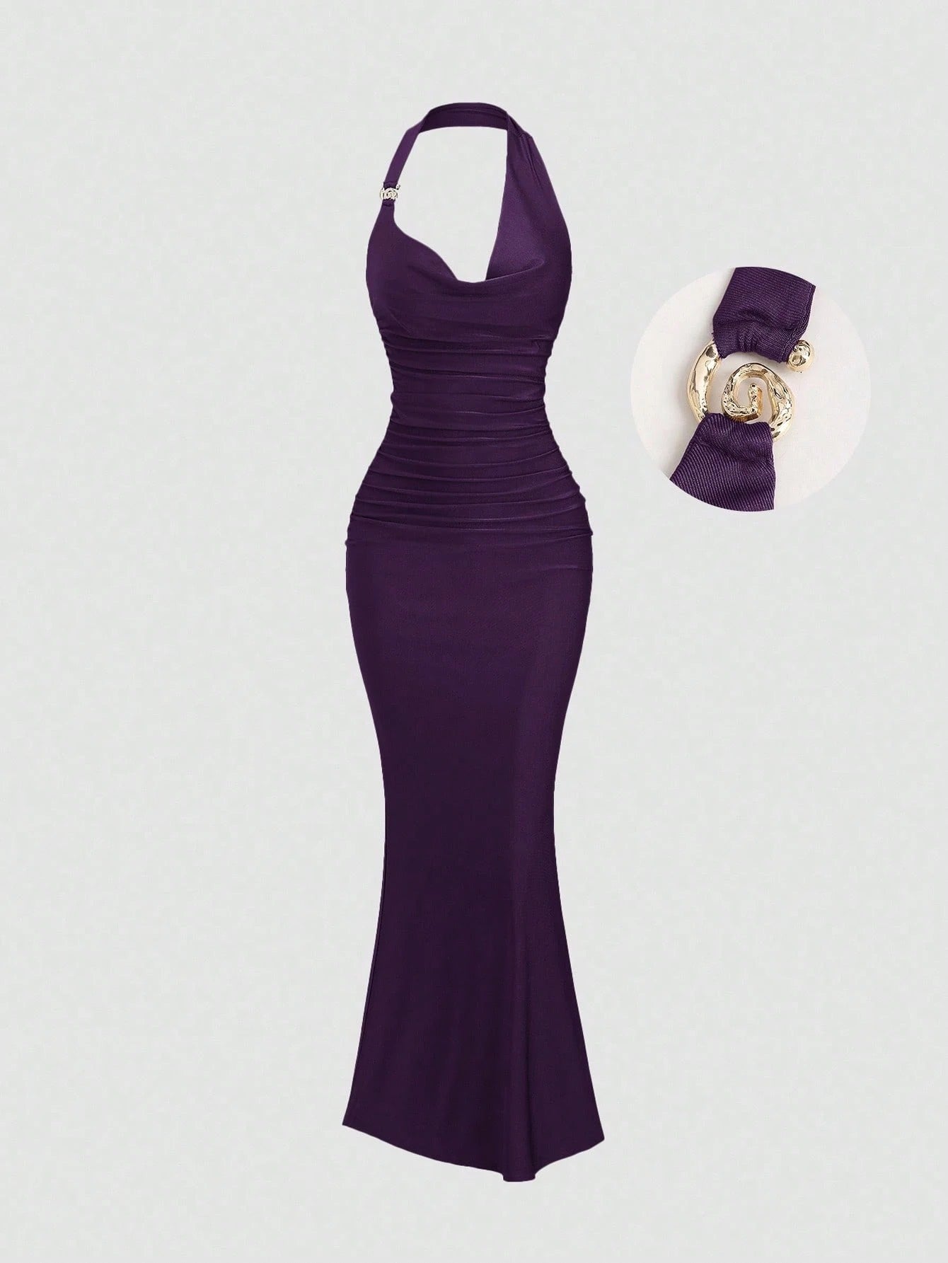 Bold Plum spaghetti strap belted long dress with a slim fit vintage silhouette and adjustable straps for women by Fashzeo.
