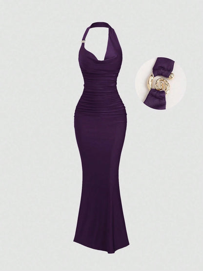 Bold Plum spaghetti strap belted long dress with a slim fit vintage silhouette and adjustable straps for women by Fashzeo.