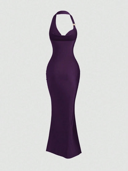 Bold Plum spaghetti strap belted long dress with a slim fit vintage silhouette and adjustable straps for women by Fashzeo.