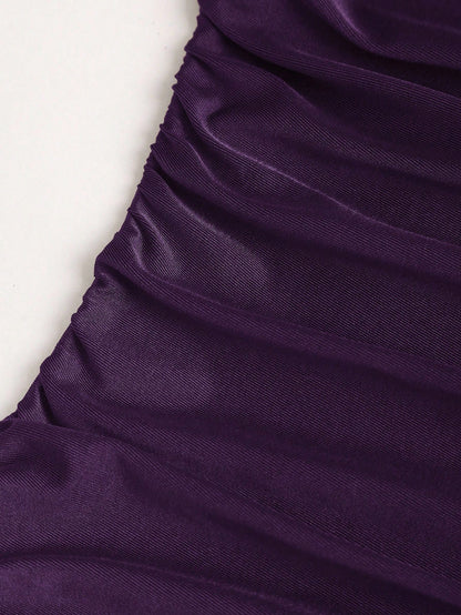 Bold Plum spaghetti strap belted long dress with a slim fit vintage silhouette and adjustable straps for women by Fashzeo.