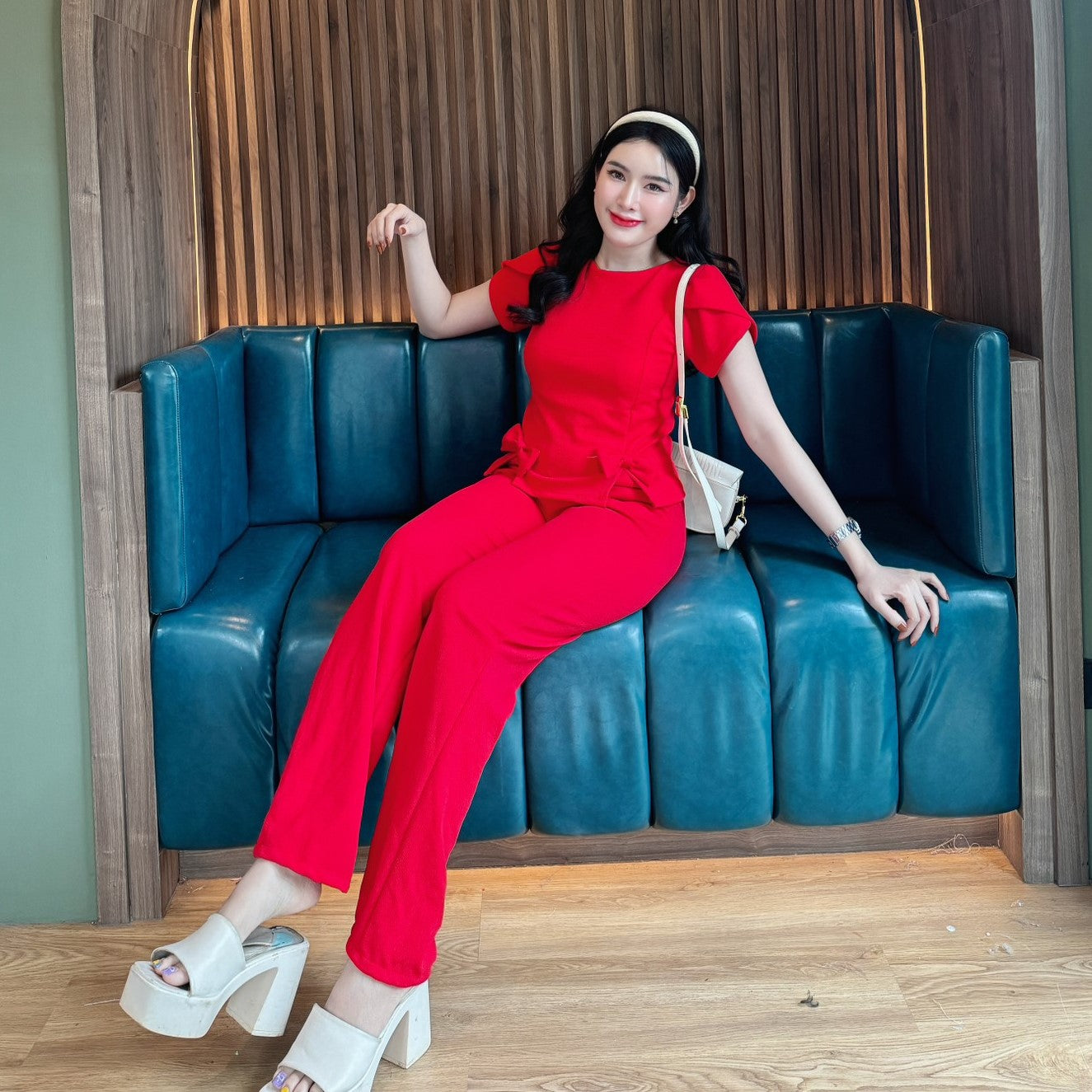 Wool Wave Co-ord Set with Rose Sleeve Bow Top & Wide-Leg Pants | Trendy Two-Piece Outfit