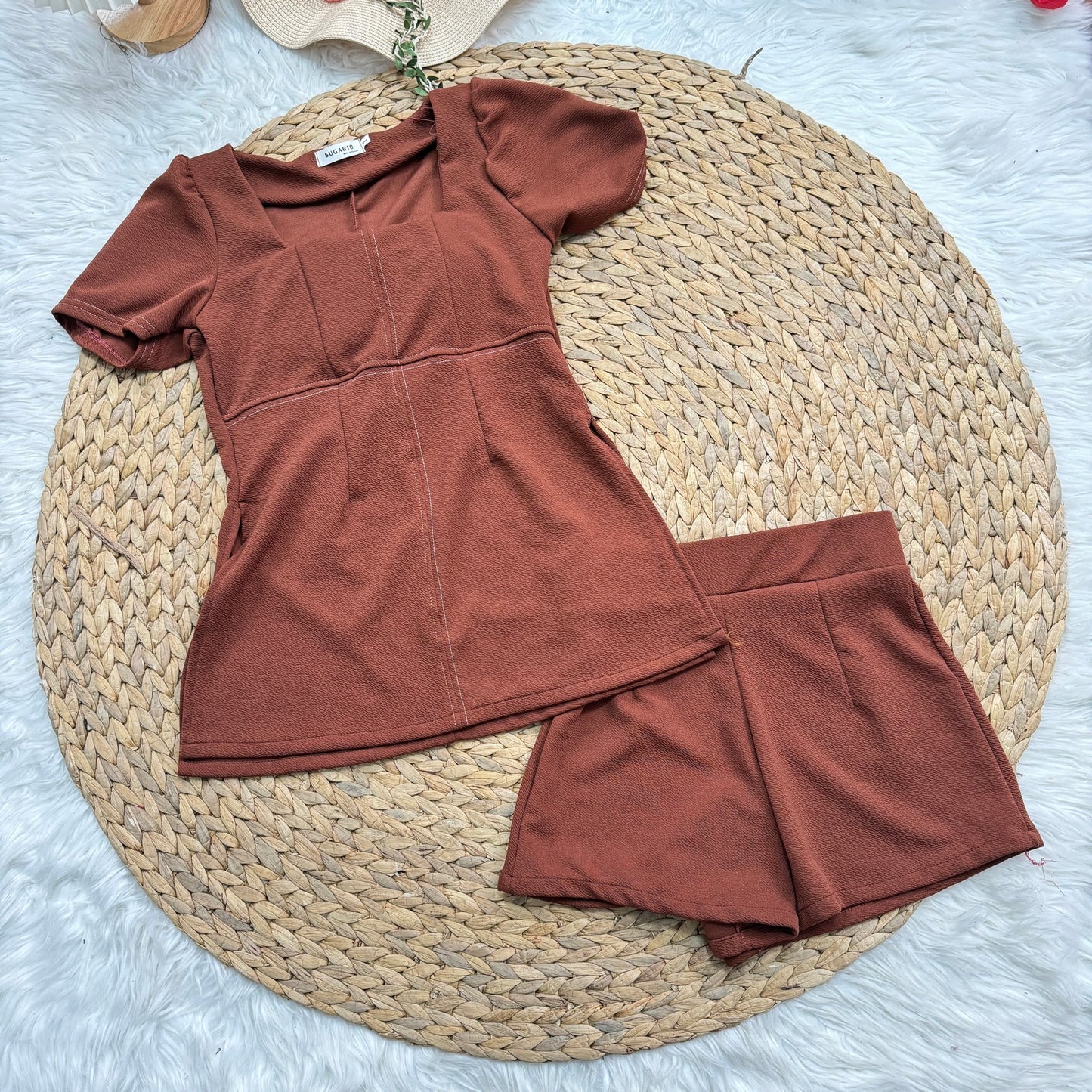 Trendy Wool Wave Fabric Set - Square Neck Side Slit Top & Matching Pants