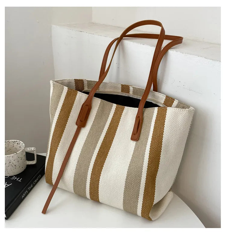 Style Canvas Tote Bag – Large Capacity Striped Shoulder Bag for Travel, Work & Daily Use