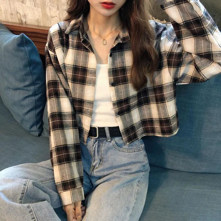 Trendy Korean Plaid Cropped Shirt | Loose Fit Button-Up Long Sleeve Cotton Blouse – Spring & Autumn Style