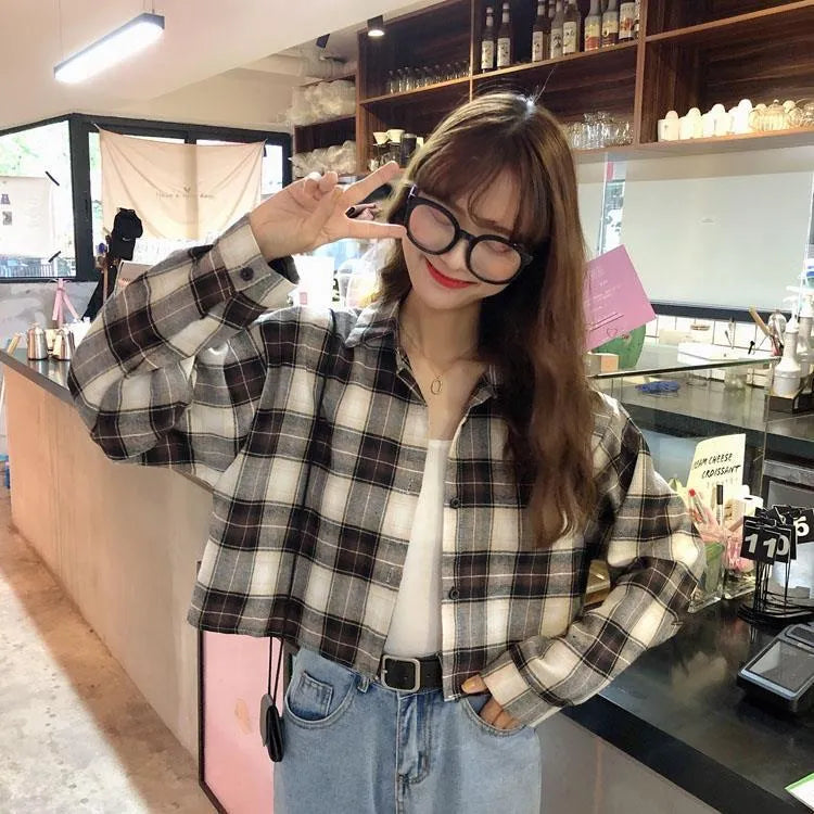 Trendy Korean Plaid Cropped Shirt | Loose Fit Button-Up Long Sleeve Cotton Blouse – Spring & Autumn Style
