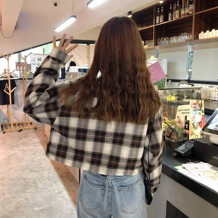 Trendy Korean Plaid Cropped Shirt | Loose Fit Button-Up Long Sleeve Cotton Blouse – Spring & Autumn Style