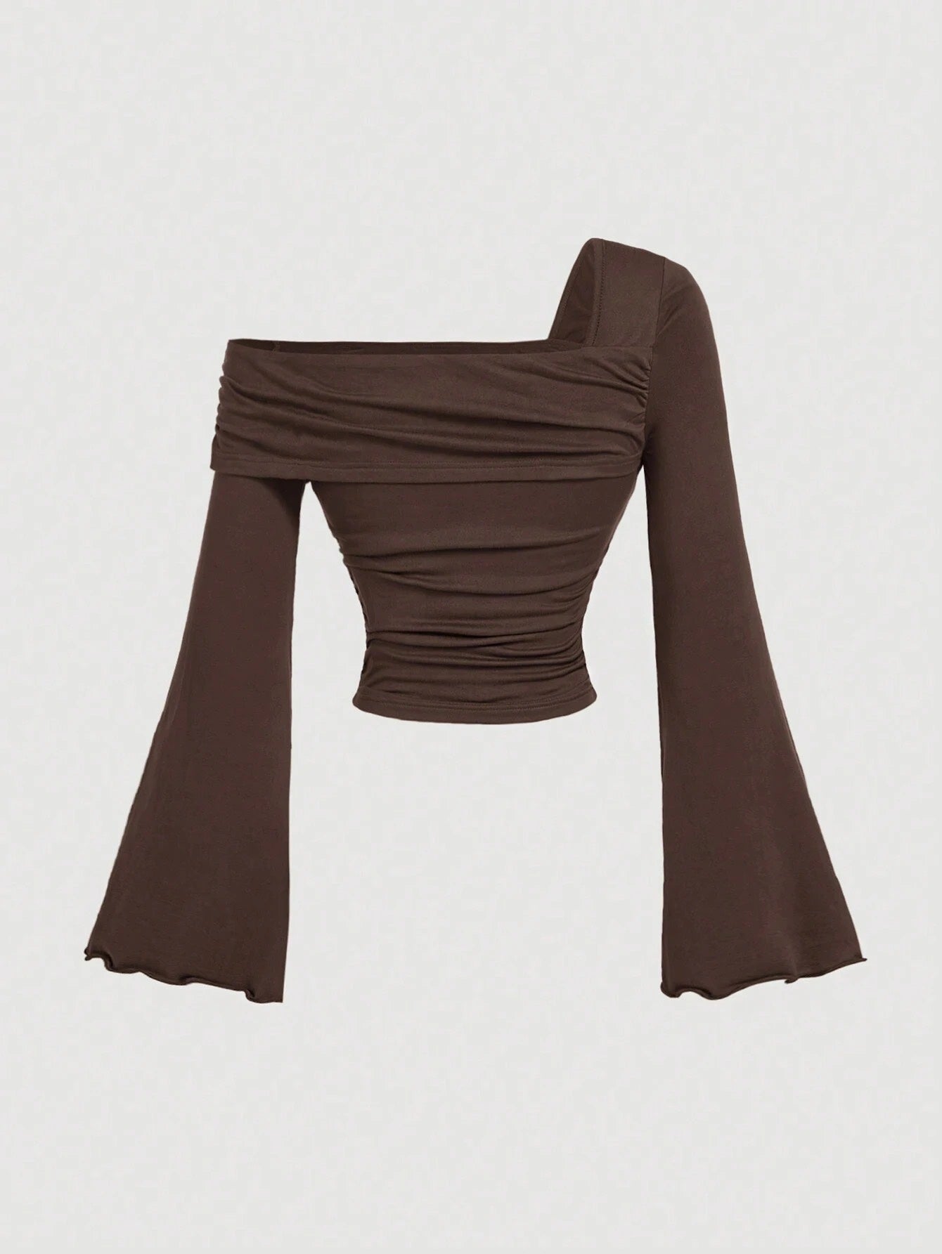 Brown asymmetric neckline ruched long flare sleeve top laid flat against a neutral background