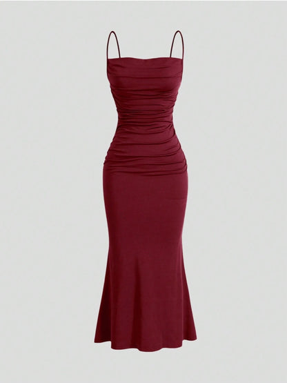Elegant Pleated Mermaid Cami Maxi Dress – Ruched Backless Slip Dress for Evening & Parties