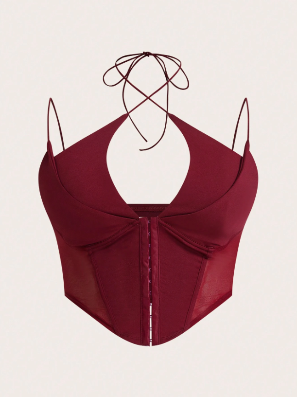 Hook & Eye Front Corset Cami Top with Mesh Insert | Slim Fit Y2K Double-Strap Crop Camisole