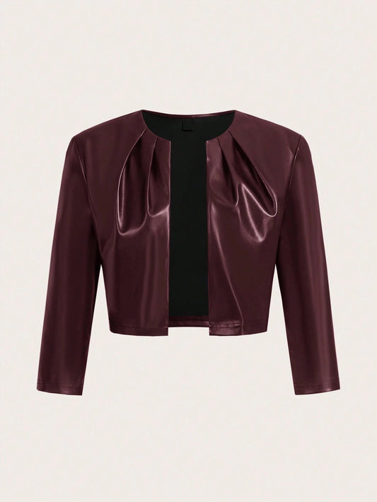 Burgundy solid-color PU leather pleated short open-front fashion jacket laid flat against a neutral background