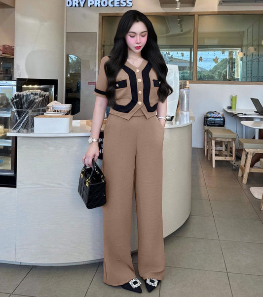 Caramel Wool Wave Fabric Suit Set with Front-Button Shirt & Smocked Waist Pants with Pockets – Stylish Office Wear