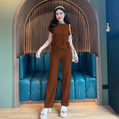 Wool Wave Co-ord Set with Rose Sleeve Bow Top & Wide-Leg Pants | Trendy Two-Piece Outfit