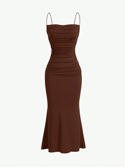 Elegant Pleated Mermaid Cami Maxi Dress – Ruched Backless Slip Dress for Evening & Parties