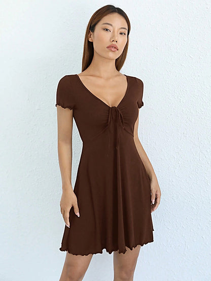 Chocolate Brown Knot Front Lettuce Trim Mini Dress | V-Neck Half Sleeve