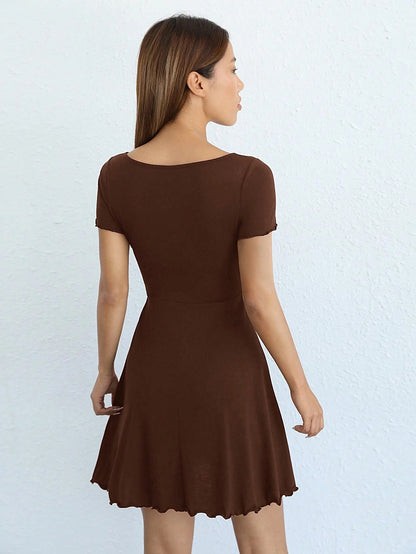 Chocolate Brown Knot Front Lettuce Trim Mini Dress | V-Neck Half Sleeve1