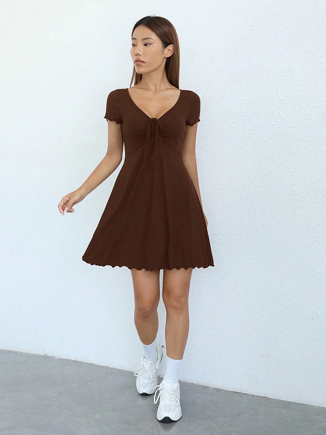 Chocolate Brown Knot Front Lettuce Trim Mini Dress | V-Neck Half Sleeve3