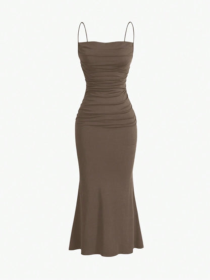 Elegant Pleated Mermaid Cami Maxi Dress – Ruched Backless Slip Dress for Evening & Parties