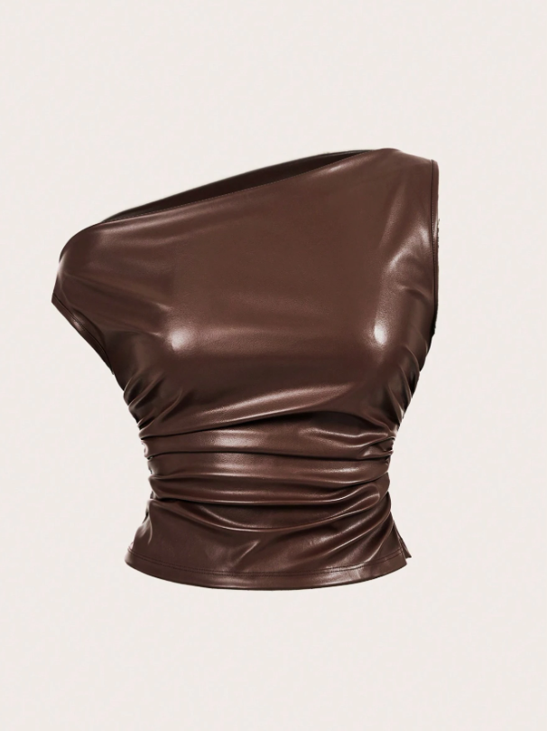 Leather Tank Top for Women | Ruched Sleeveless Going Out Top with Asymmetrical Neck