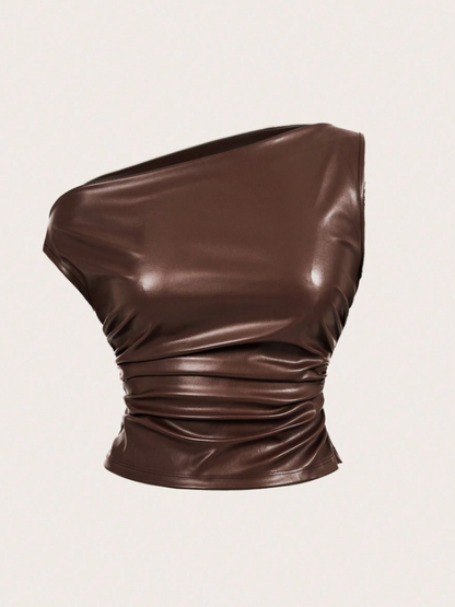Leather Tank Top for Women | Ruched Sleeveless Going Out Top with Asymmetrical Neck