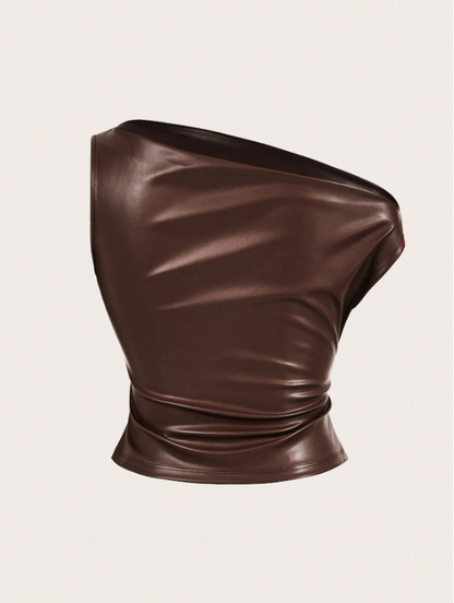 Leather Tank Top for Women | Ruched Sleeveless Going Out Top with Asymmetrical Neck