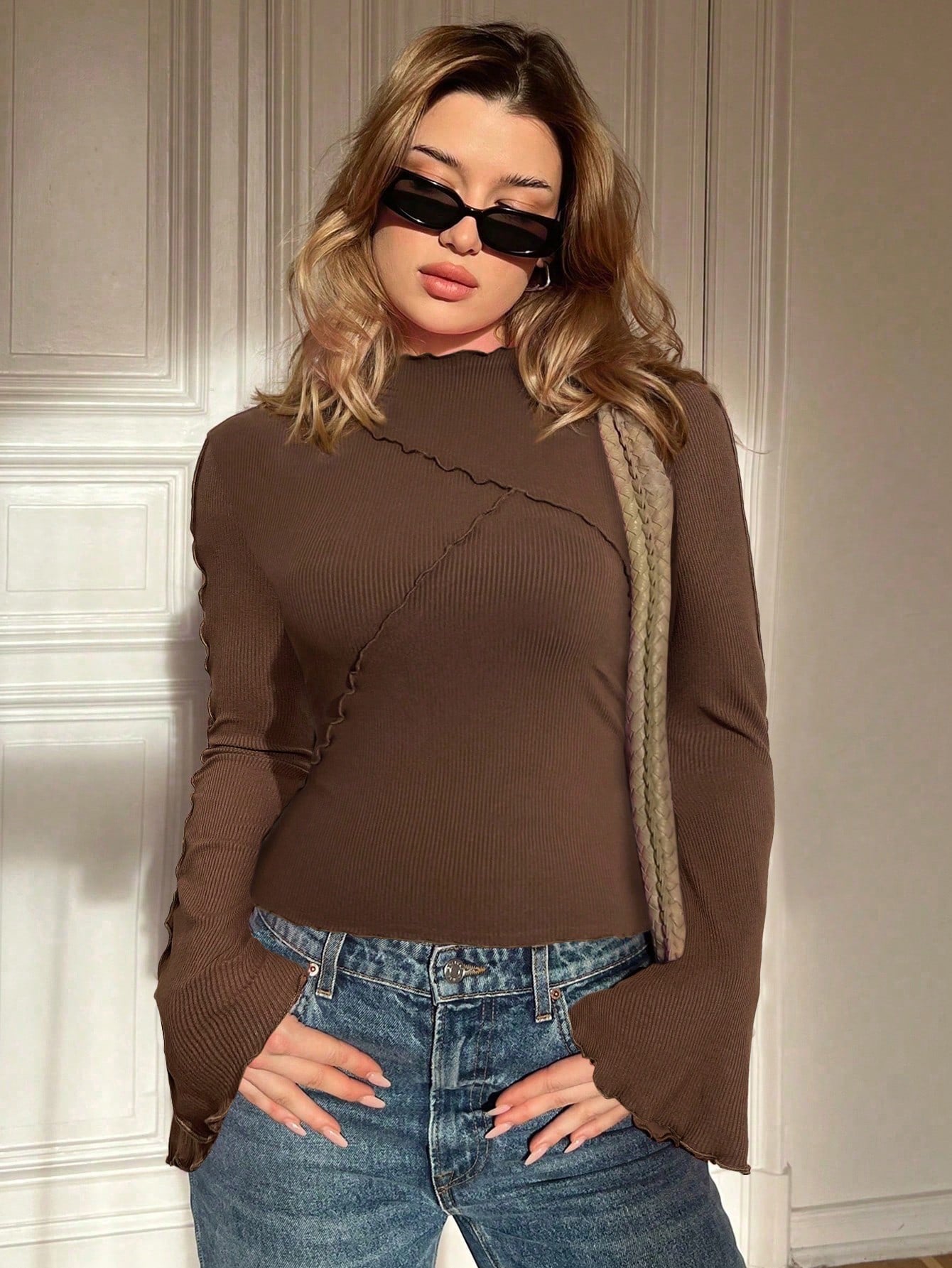 Ruffle Collar Rib-Knit Top