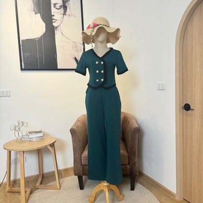 Chic Pearl-Button Wool Co-ord Set – Suit-Style Top & Tailored Pants with Pockets