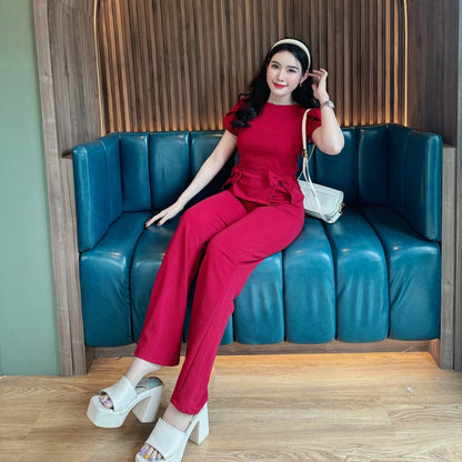 Wool Wave Co-ord Set with Rose Sleeve Bow Top & Wide-Leg Pants | Trendy Two-Piece Outfit
