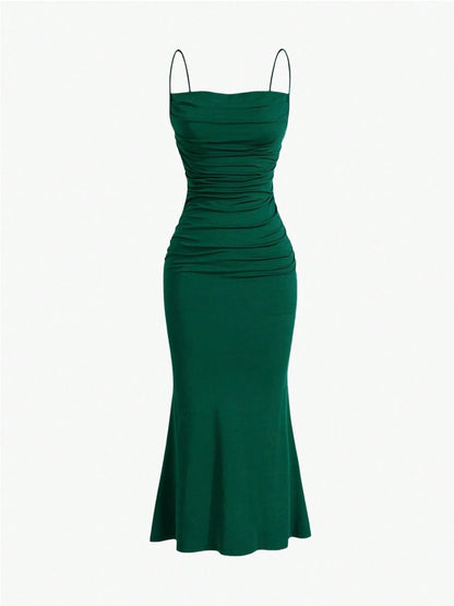 Elegant Pleated Mermaid Cami Maxi Dress – Ruched Backless Slip Dress for Evening & Parties