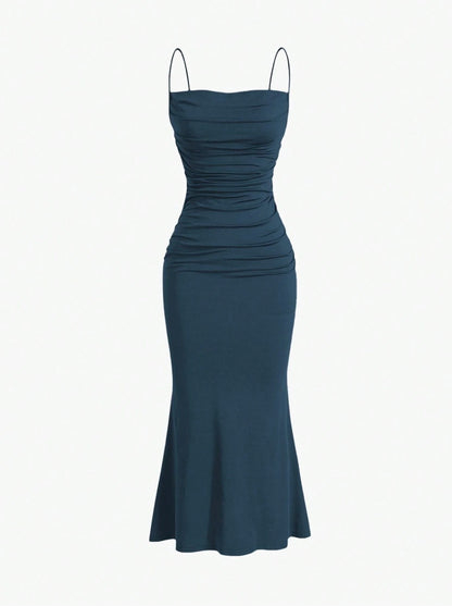 Elegant Pleated Mermaid Cami Maxi Dress – Ruched Backless Slip Dress for Evening & Parties