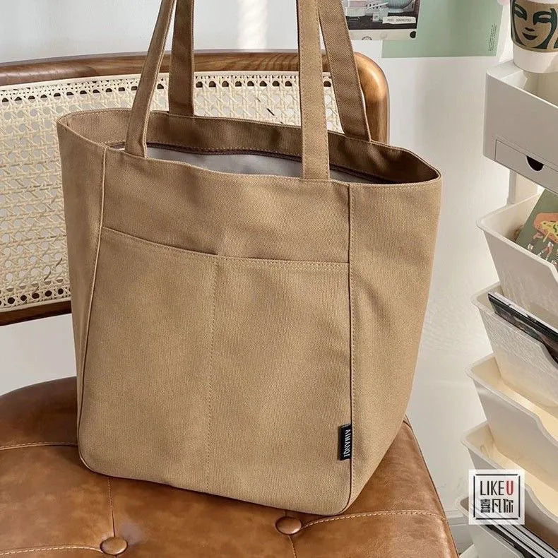 Large Capacity Canvas Tote Bag – Zipper Closure Shoulder Handbag in Neutral Everyday Colors
