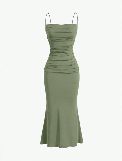 Elegant Pleated Mermaid Cami Maxi Dress – Ruched Backless Slip Dress for Evening & Parties