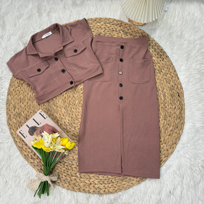 Wool Wave Skirt Co-ord Set with Button-Down Crop Top & Front Slit | Trendy Two-Piece Outfit