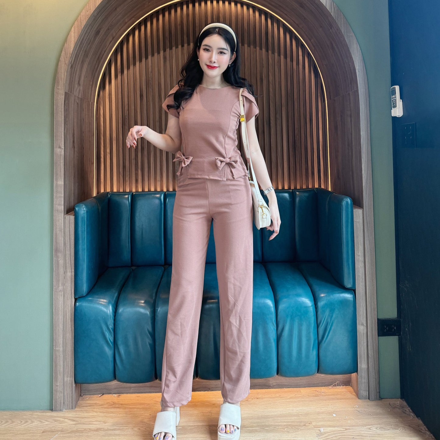 Wool Wave Co-ord Set with Rose Sleeve Bow Top & Wide-Leg Pants | Trendy Two-Piece Outfit