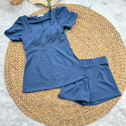 Trendy Wool Wave Fabric Set - Square Neck Side Slit Top & Matching Pants