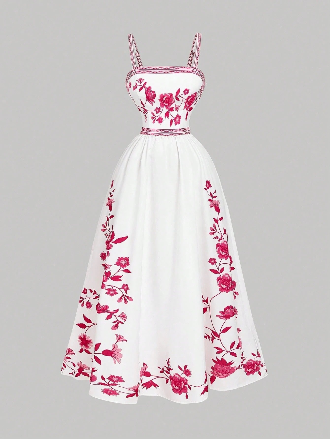Elegant white A-line midi dress with hot pink floral border print and spaghetti straps