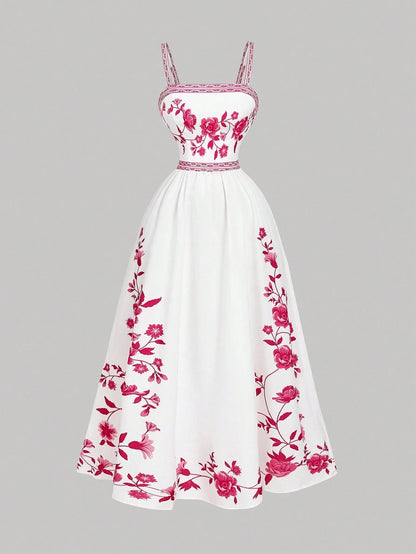 Elegant white A-line midi dress with hot pink floral border print and spaghetti straps